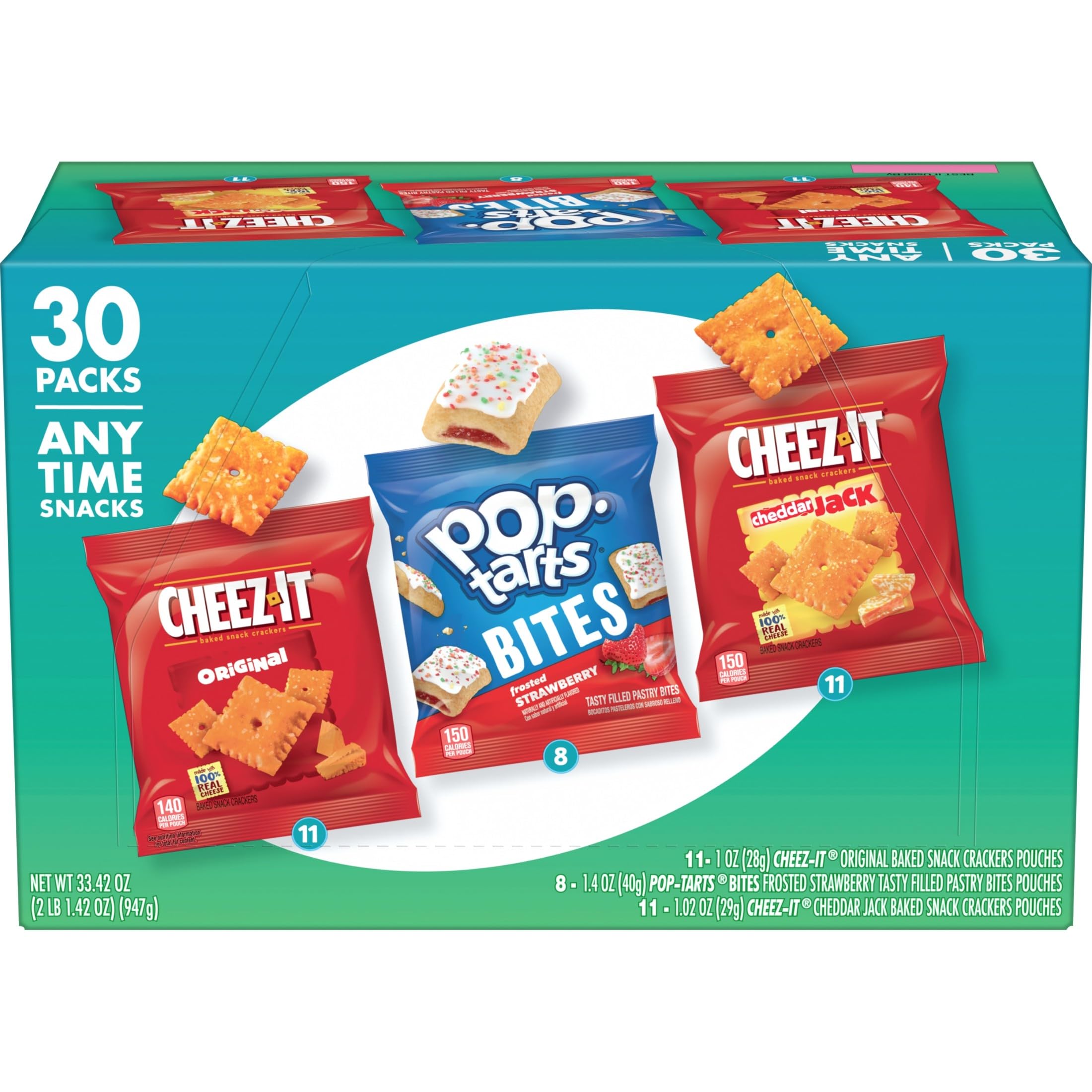 Pop-Tarts Cheez-It variety box front view, grab-and-go snacks.