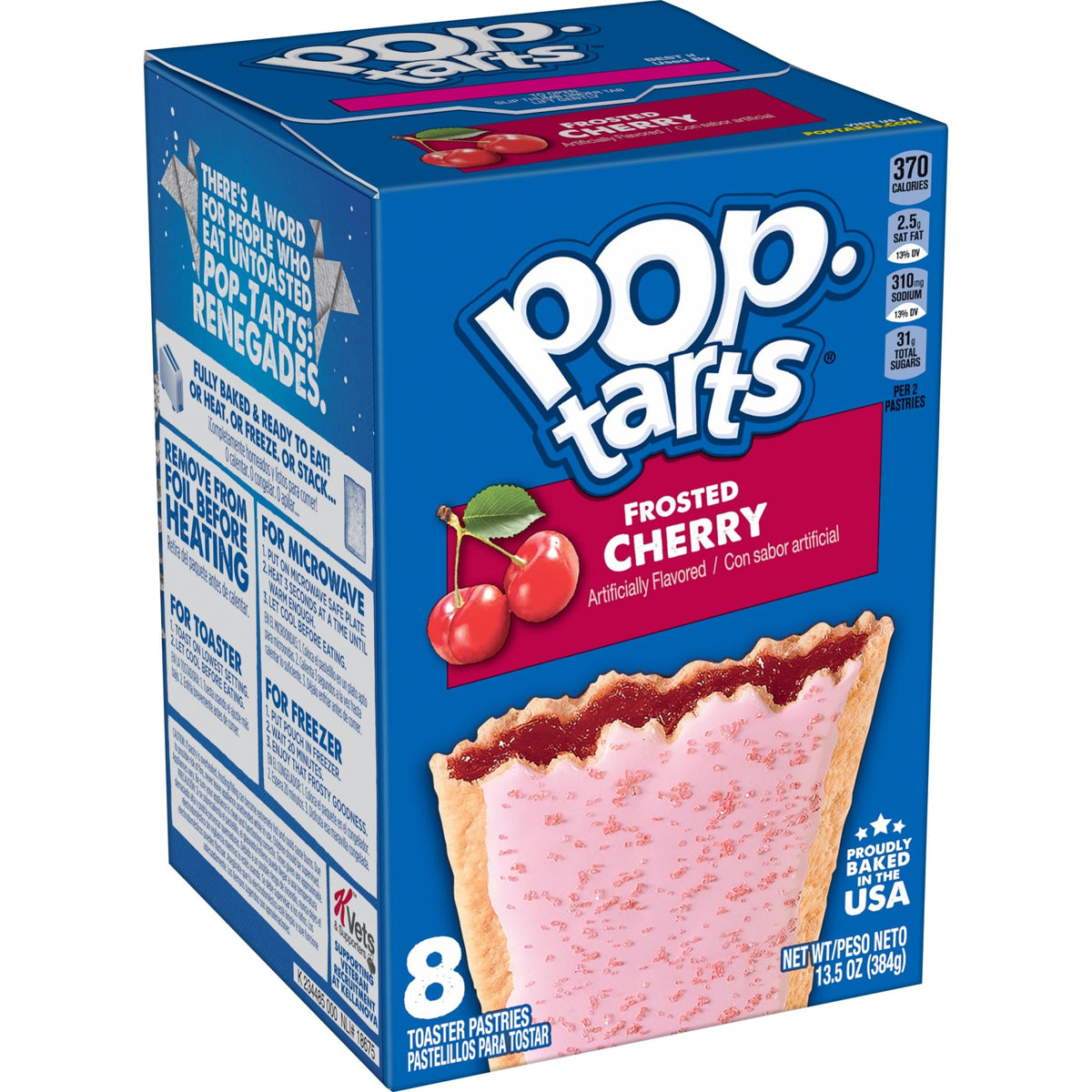 Pop-Tarts Frosted Cherry packaging on a breakfast shelf, quick family-friendly morning treat.