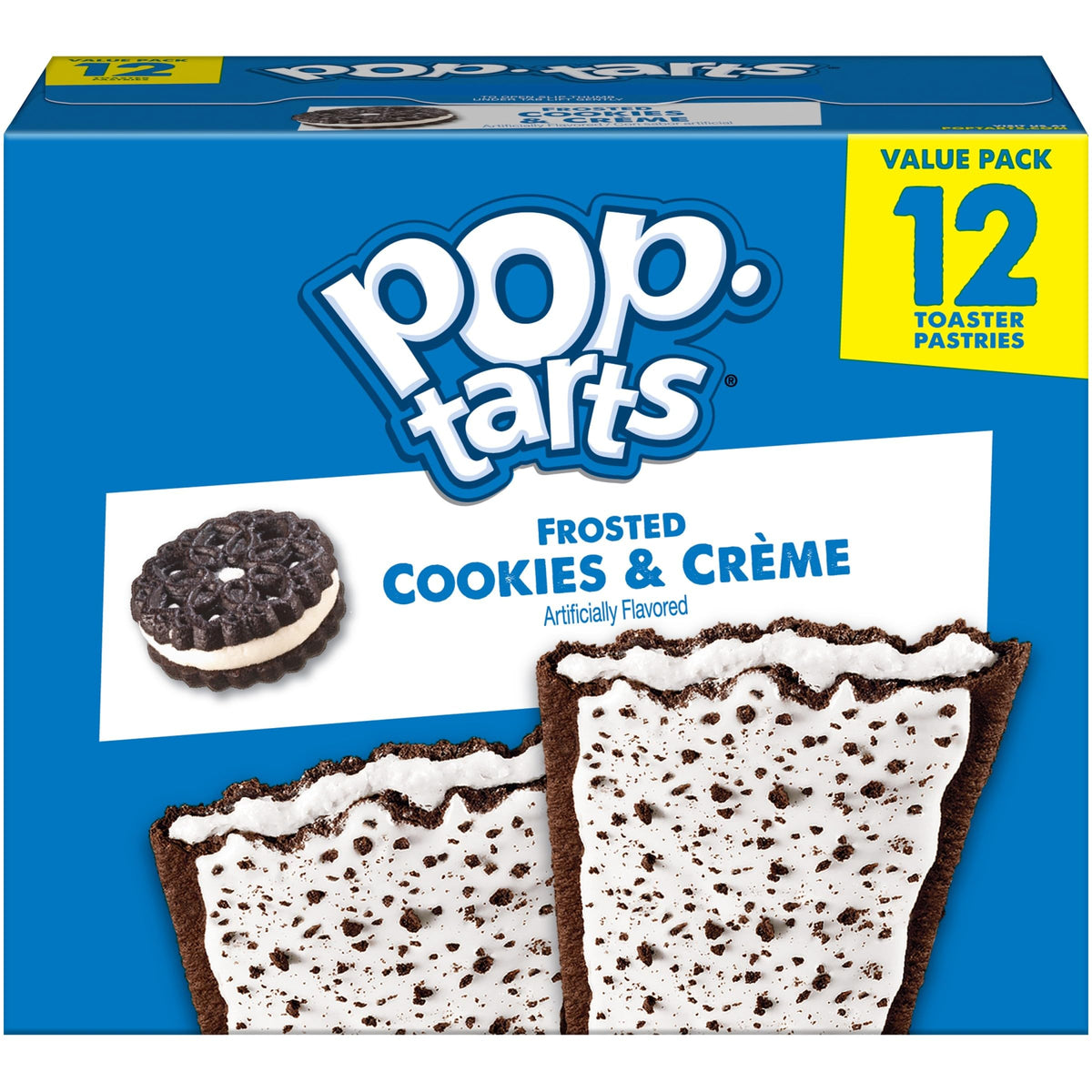 Pop-Tarts Frosted Cookies and Creme box front, a ready-to-eat grab-and-go breakfast option.