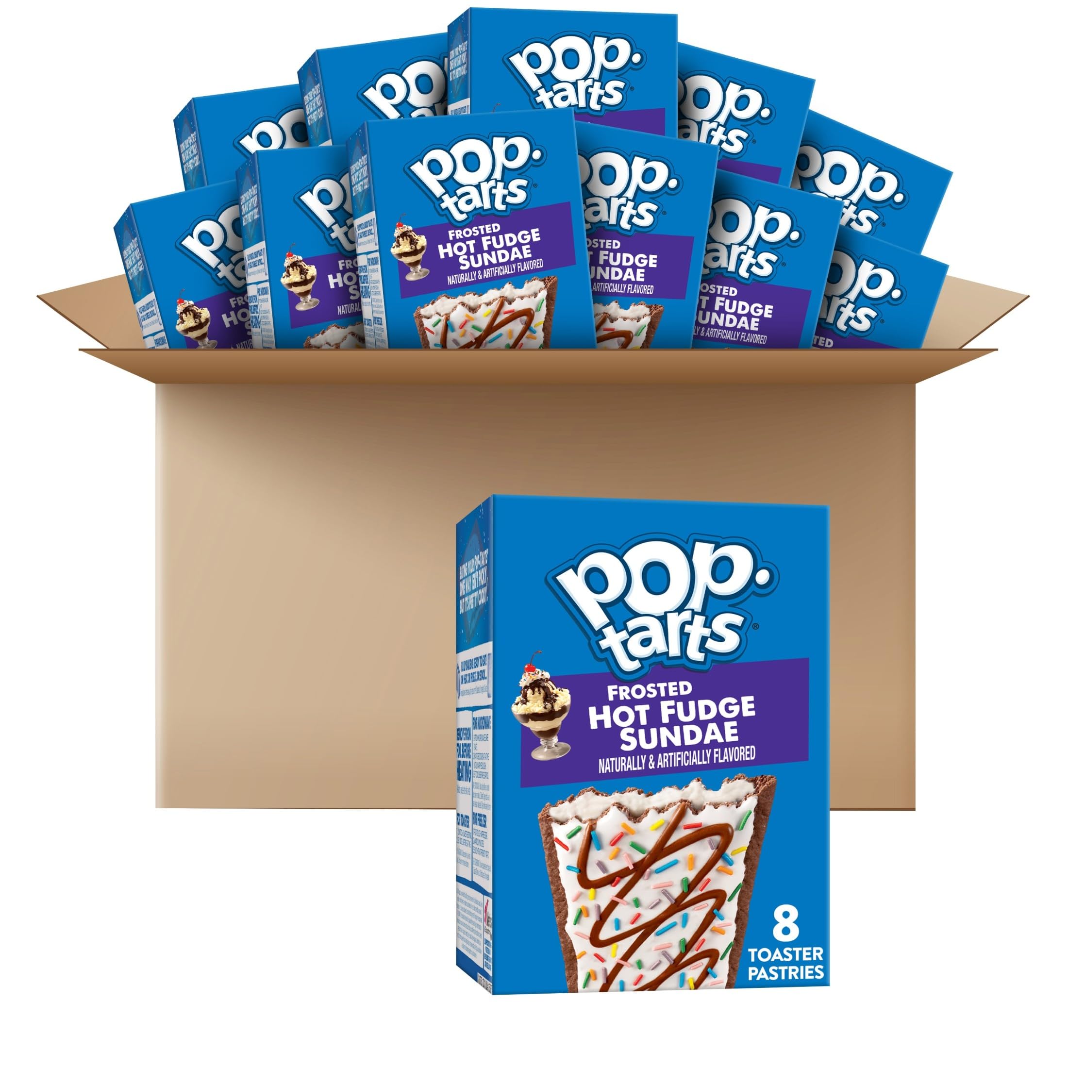 Pop-Tarts Frosted Hot Fudge Sundae front packaging highlights indulgent flavor for snack time.