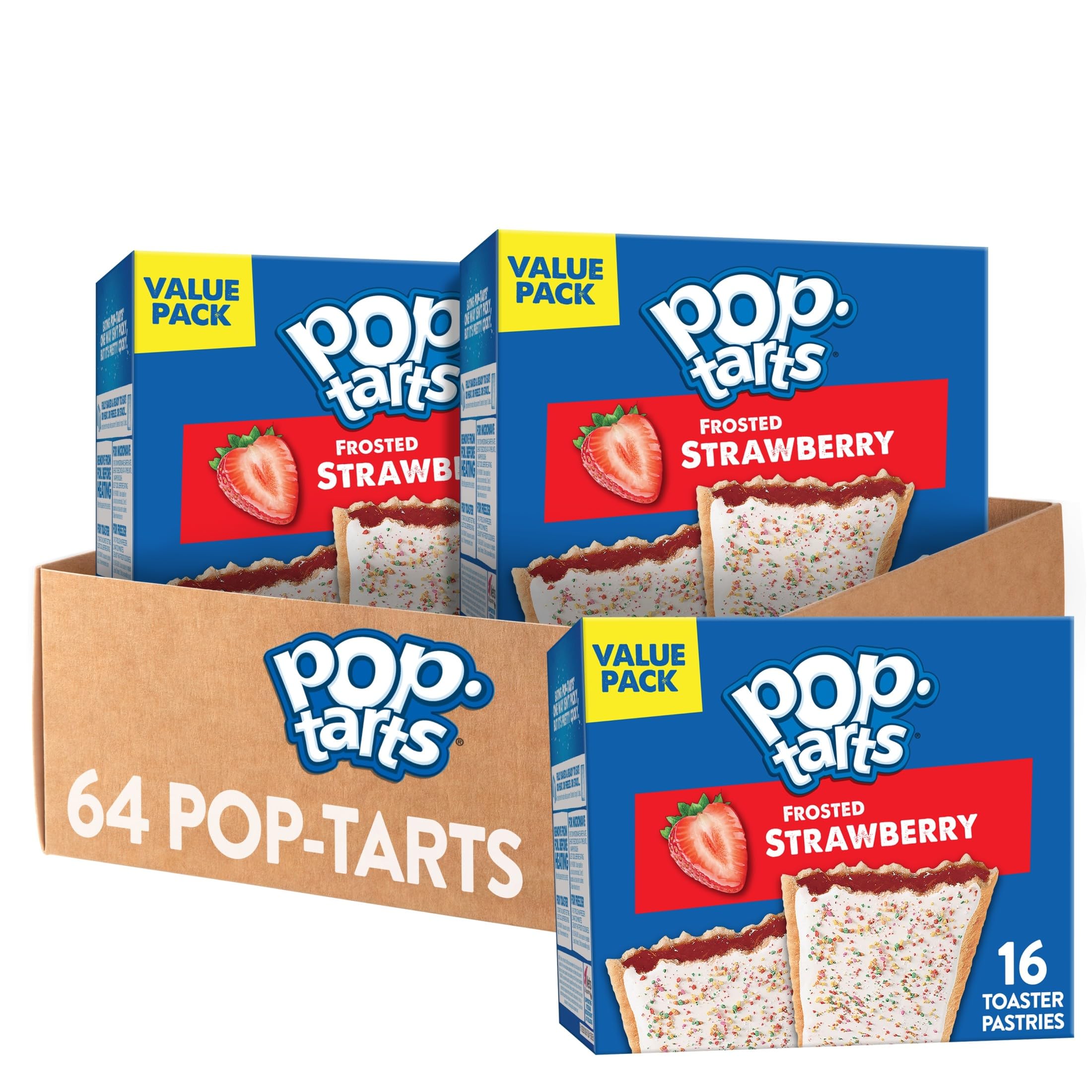 Pop-Tarts Frosted Strawberry box front showing 64-count pack for grab-and-go mornings.