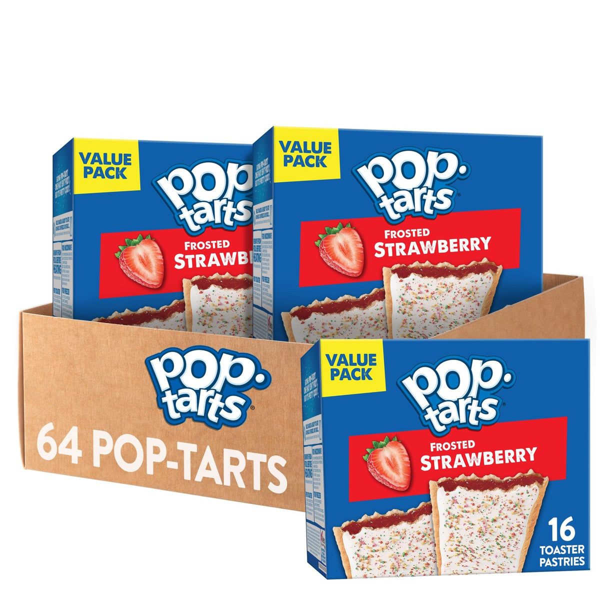 Pop-Tarts Frosted Strawberry box front showing 64-count pack for grab-and-go mornings.