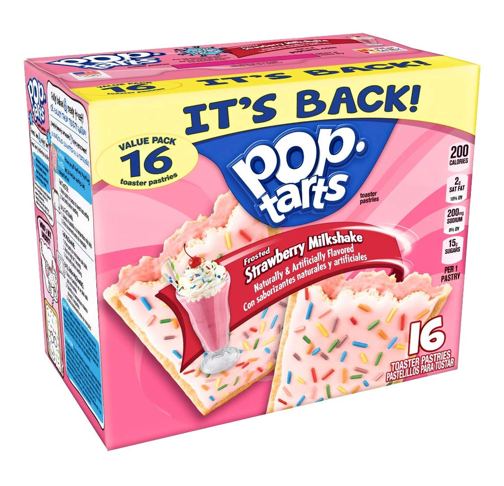 Pop-Tarts Frosted Strawberry Milkshake box, quick breakfast option for busy mornings.