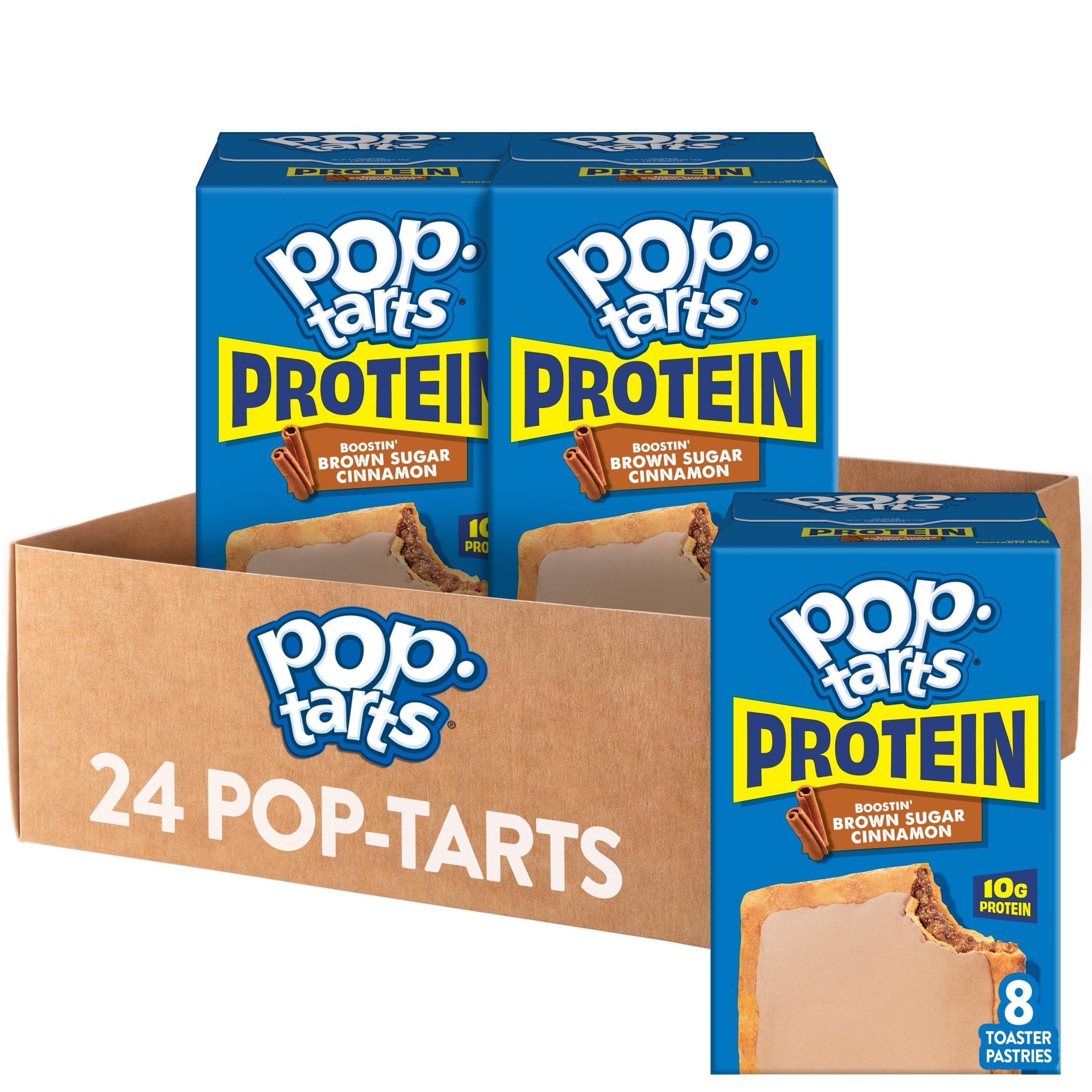 Pop-Tarts Protein Slammin' Strawberry packaging shows 24 pastries for quick protein-packed breakfasts.