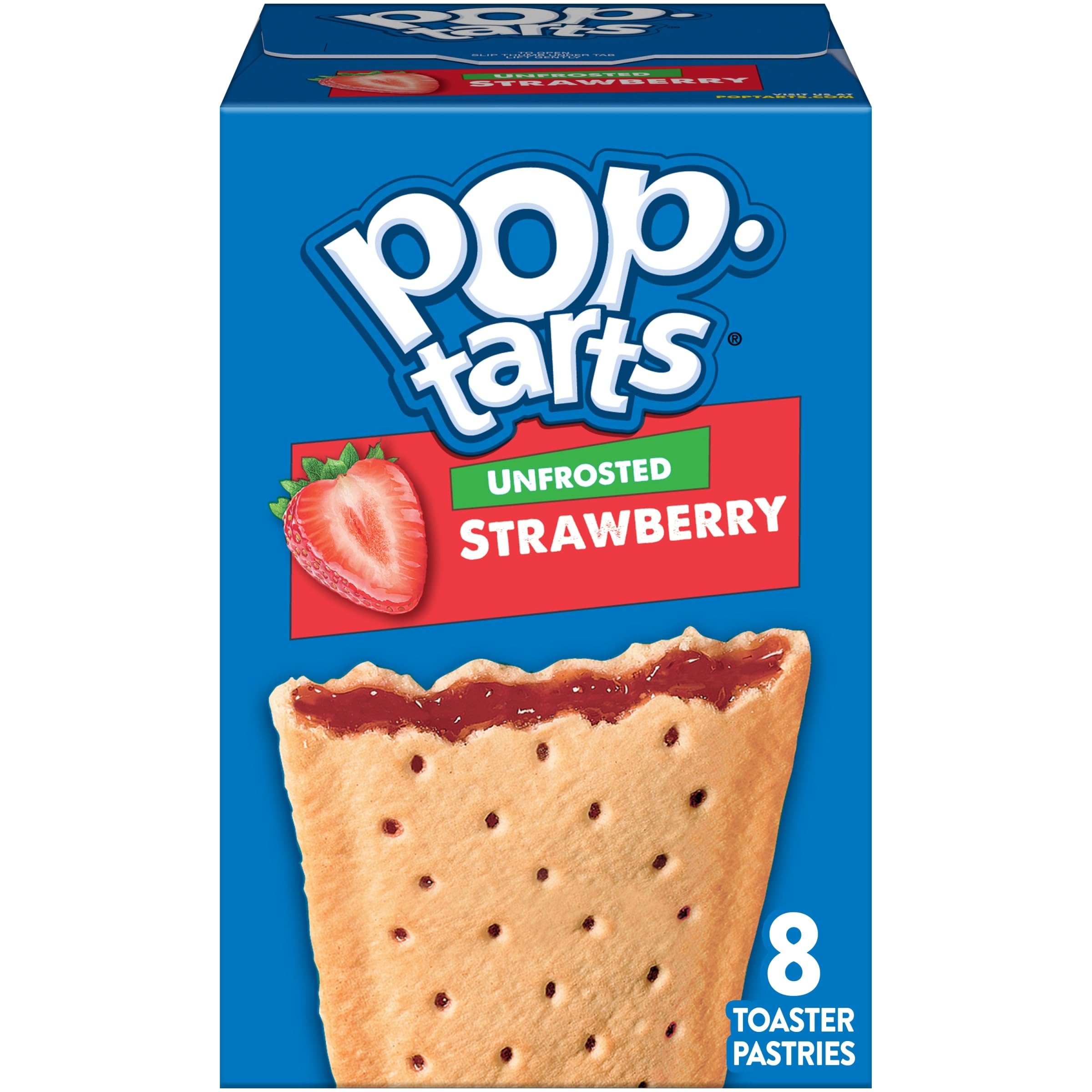 Pop-Tarts Unfrosted Strawberry box on kitchen counter for quick family breakfast.