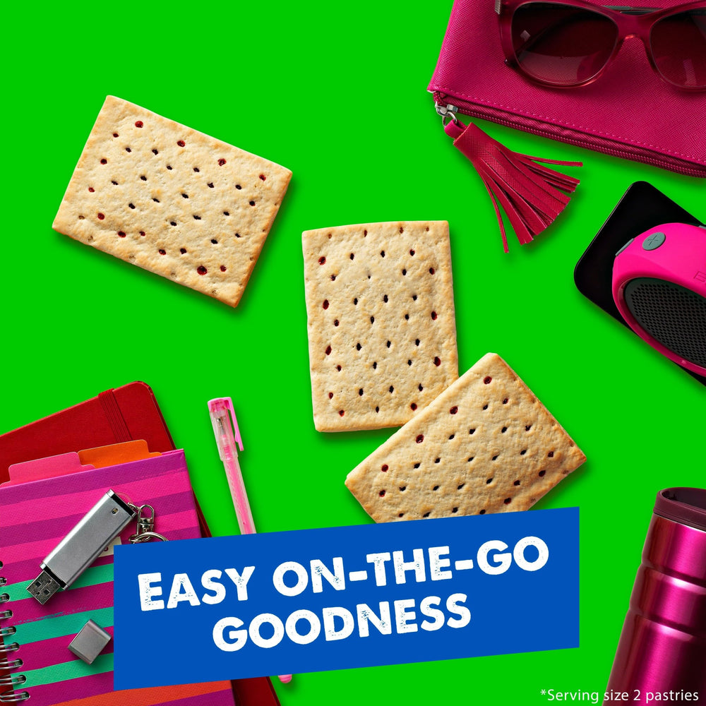Pop-Tarts Unfrosted Strawberry on pantry shelf, a shelf-stable snack option.