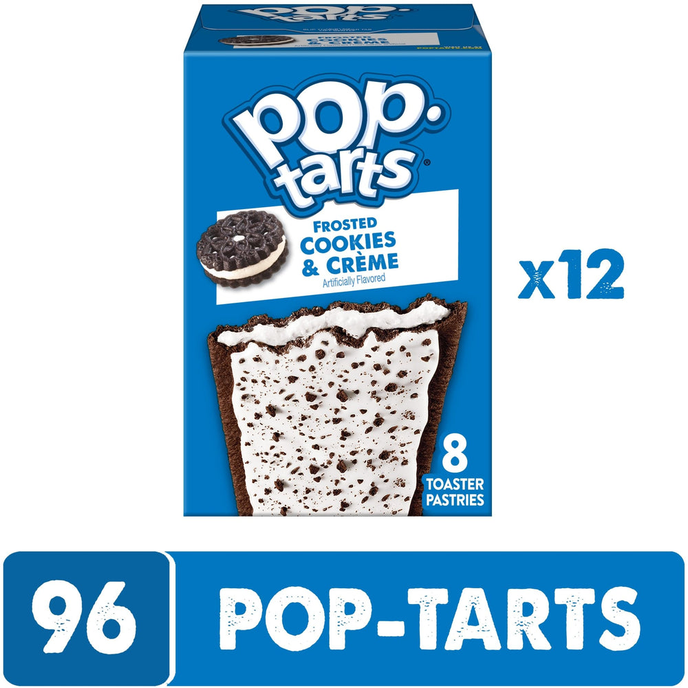 Display of Pop-Tarts flavors including cookies-and-creme, blueberry, and cherry.