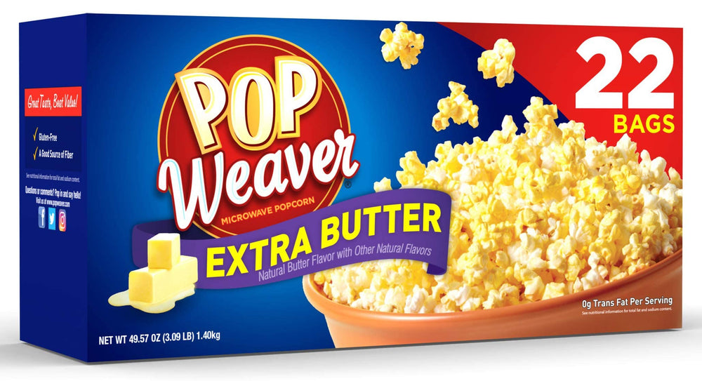Pop Weaver Extra Butter popcorn bag closeup with rich, buttery kernels ready to pop