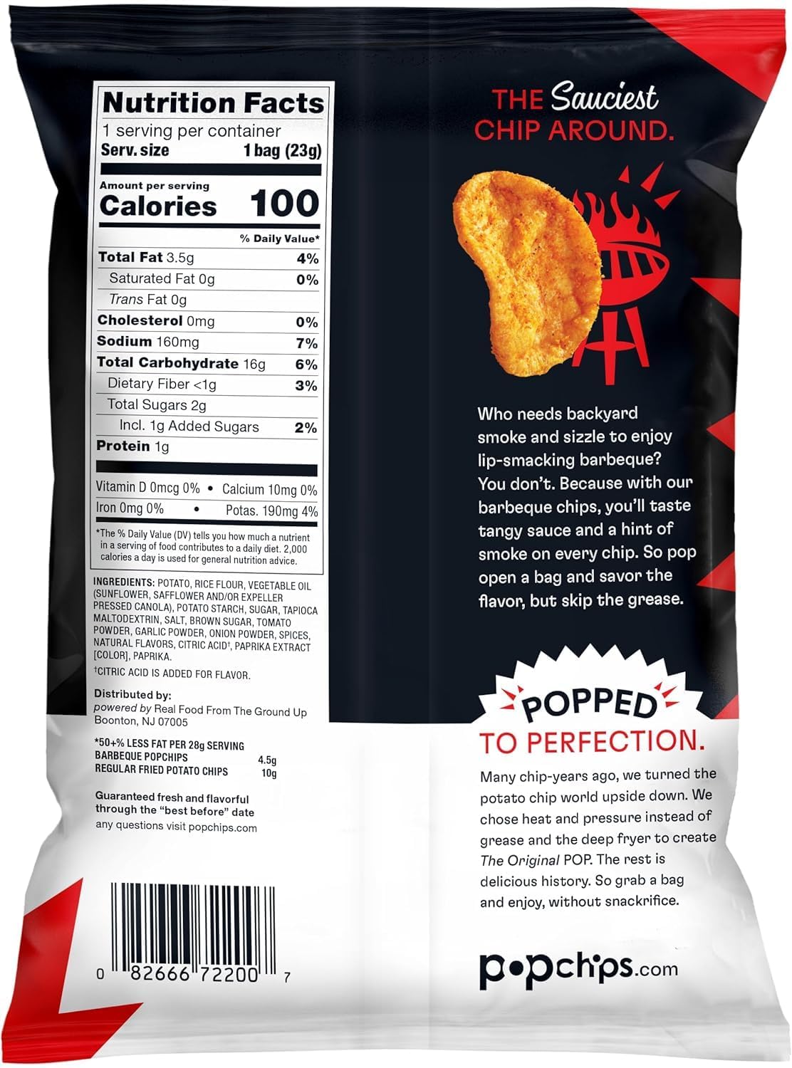 Popchips Barbeque bag closeup emphasizes texture and smoky notes.