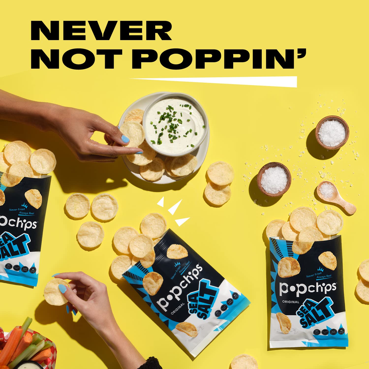 Popchips Non-GMO label on sea salt chips for conscious snacking.