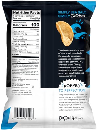 Popchips potato chips gluten-free bag shown with bright branding.