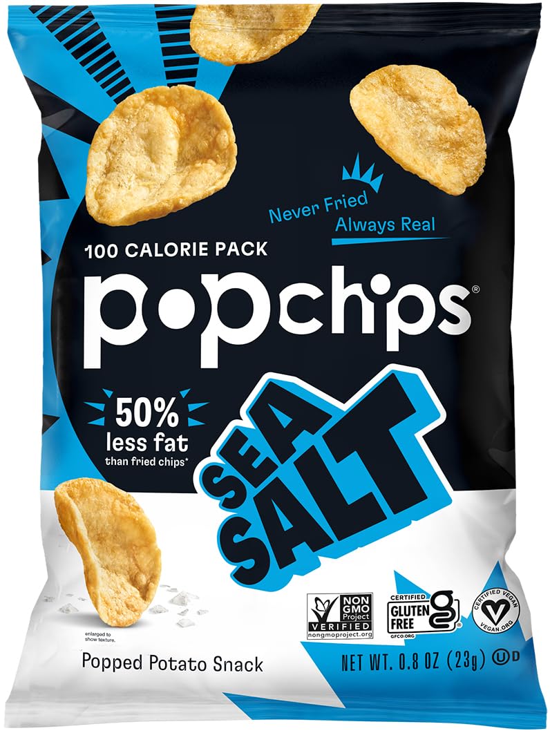 Popchips Sea Salt 0.8oz bag displaying gluten-free, low-calorie snack.