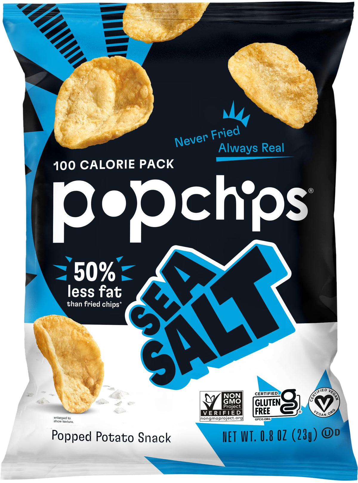 Popchips Sea Salt Potato Chips in 0.8 oz singles; crisp and satisfying.