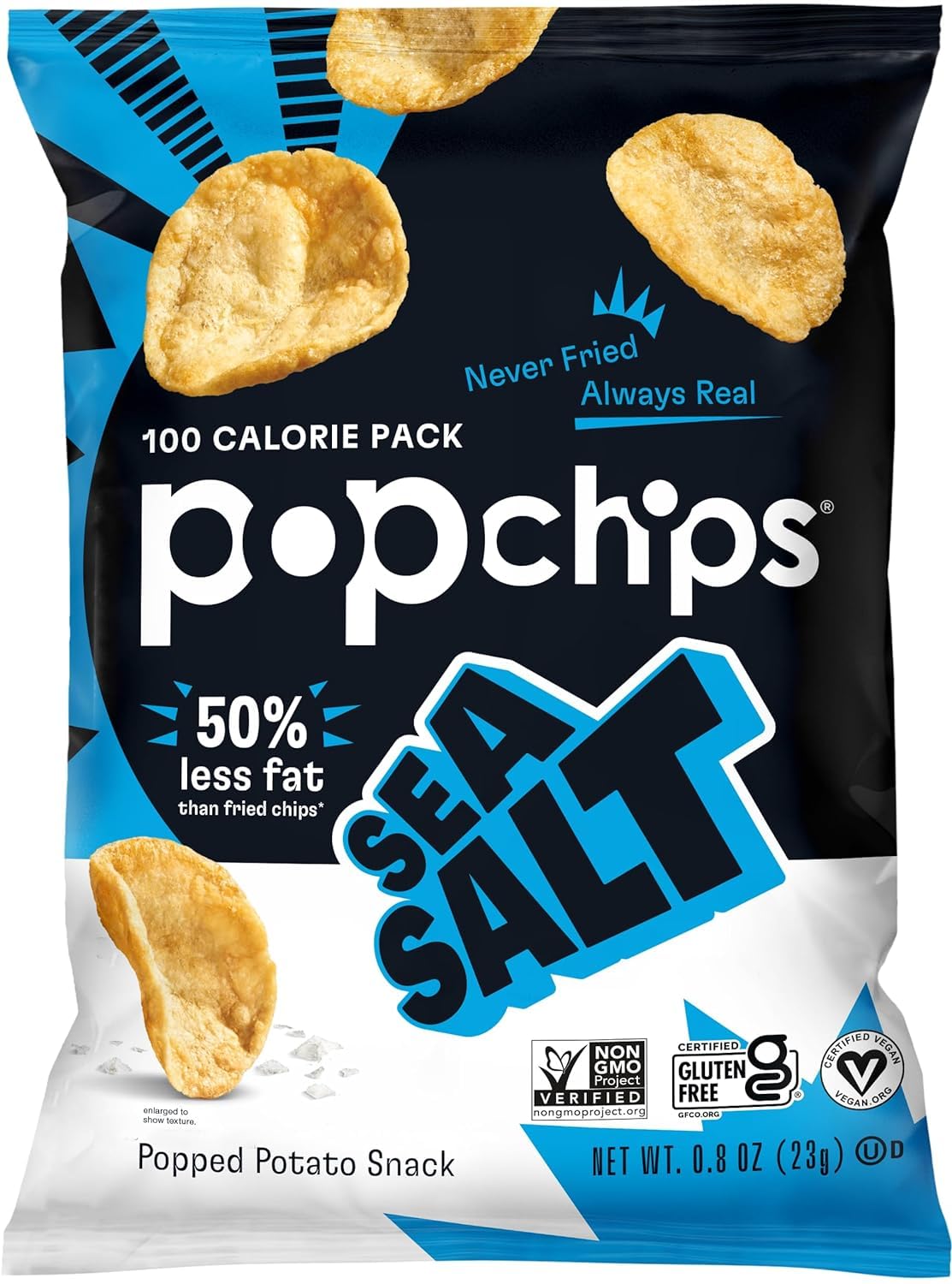Popchips Sea Salt Potato Chips close-up texture emphasizing crunchy, oil-free popping method.