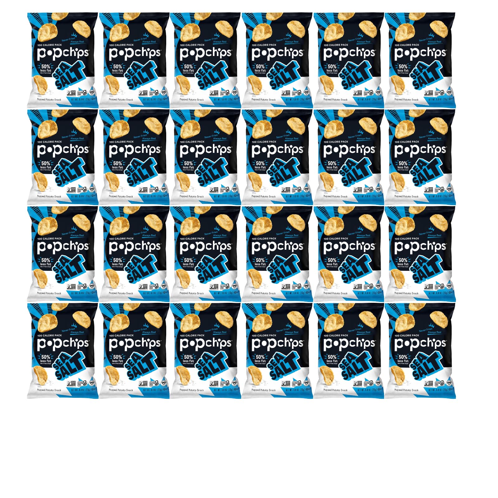 Popchips Sea Salt Potato Chips front of bag showing light, airy texture and 100 calories per serving.