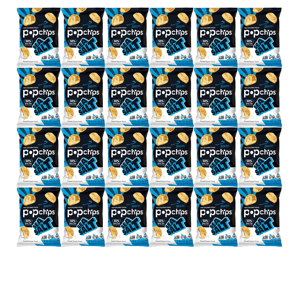Popchips Sea Salt Potato Chips front of bag showing light, airy texture and 100 calories per serving.