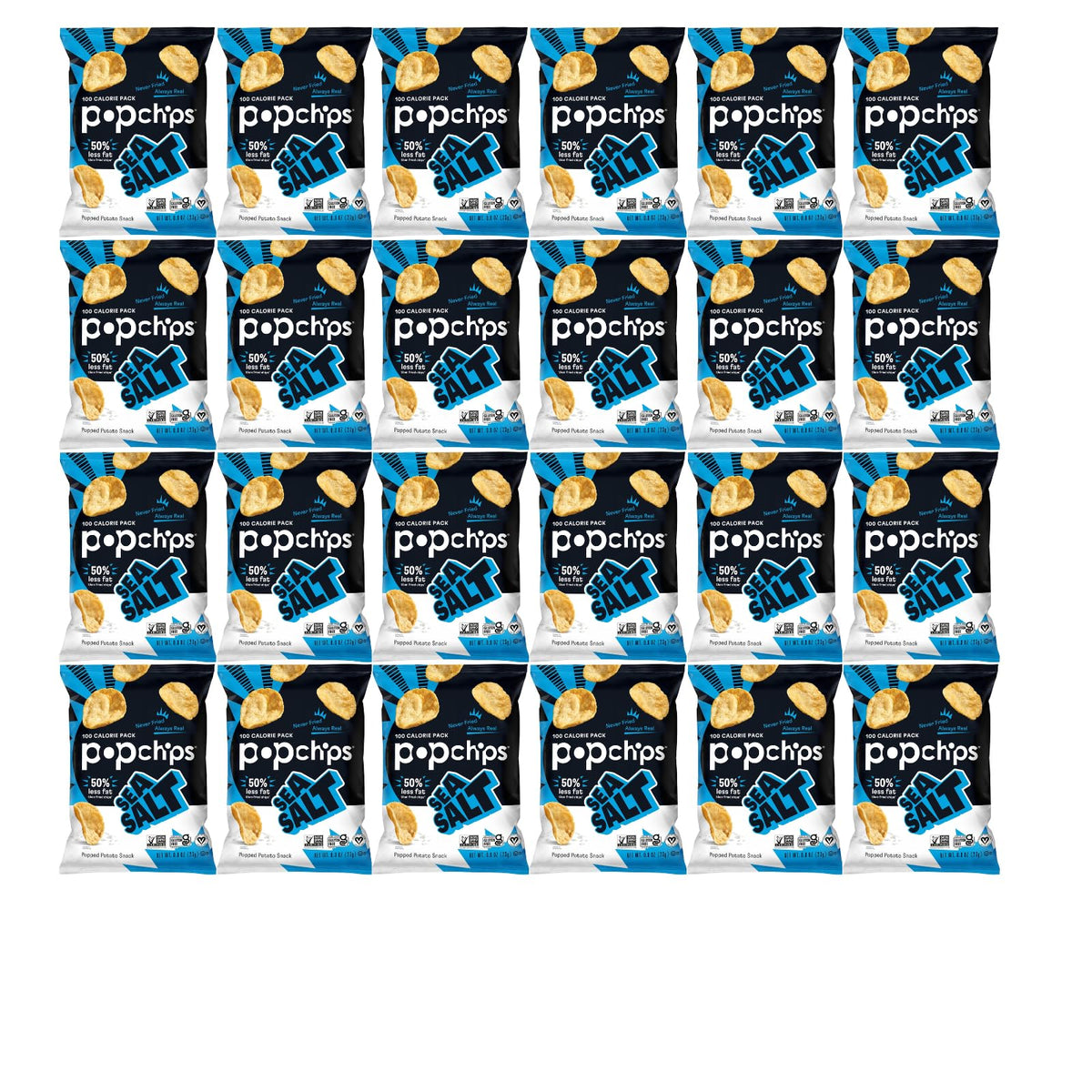 Popchips Sea Salt Potato Chips front of bag showing light, airy texture and 100 calories per serving.