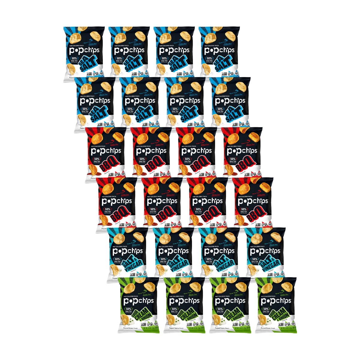 Popchips variety pack 24 bags on display, easy sharing and tasting.