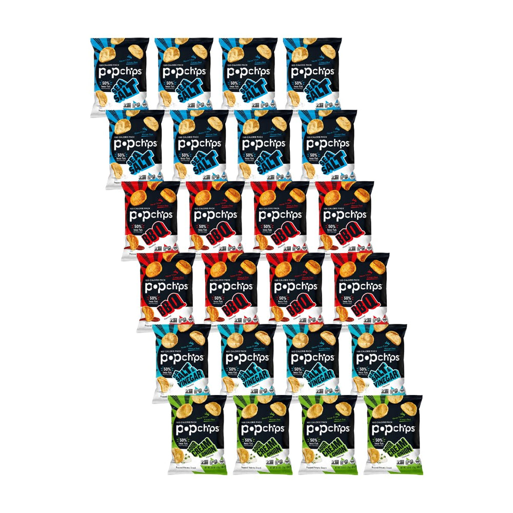 Popchips variety pack 24 bags on display, easy sharing and tasting.