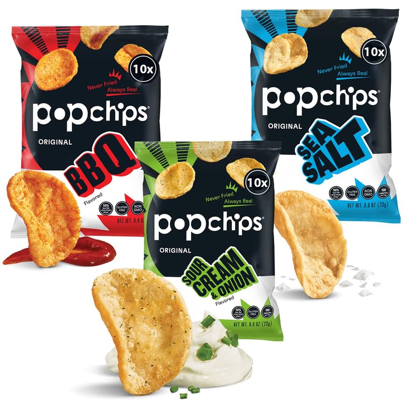 Popchips Variety Pack with baked potato chips in assorted flavors for on-the-go snacking.