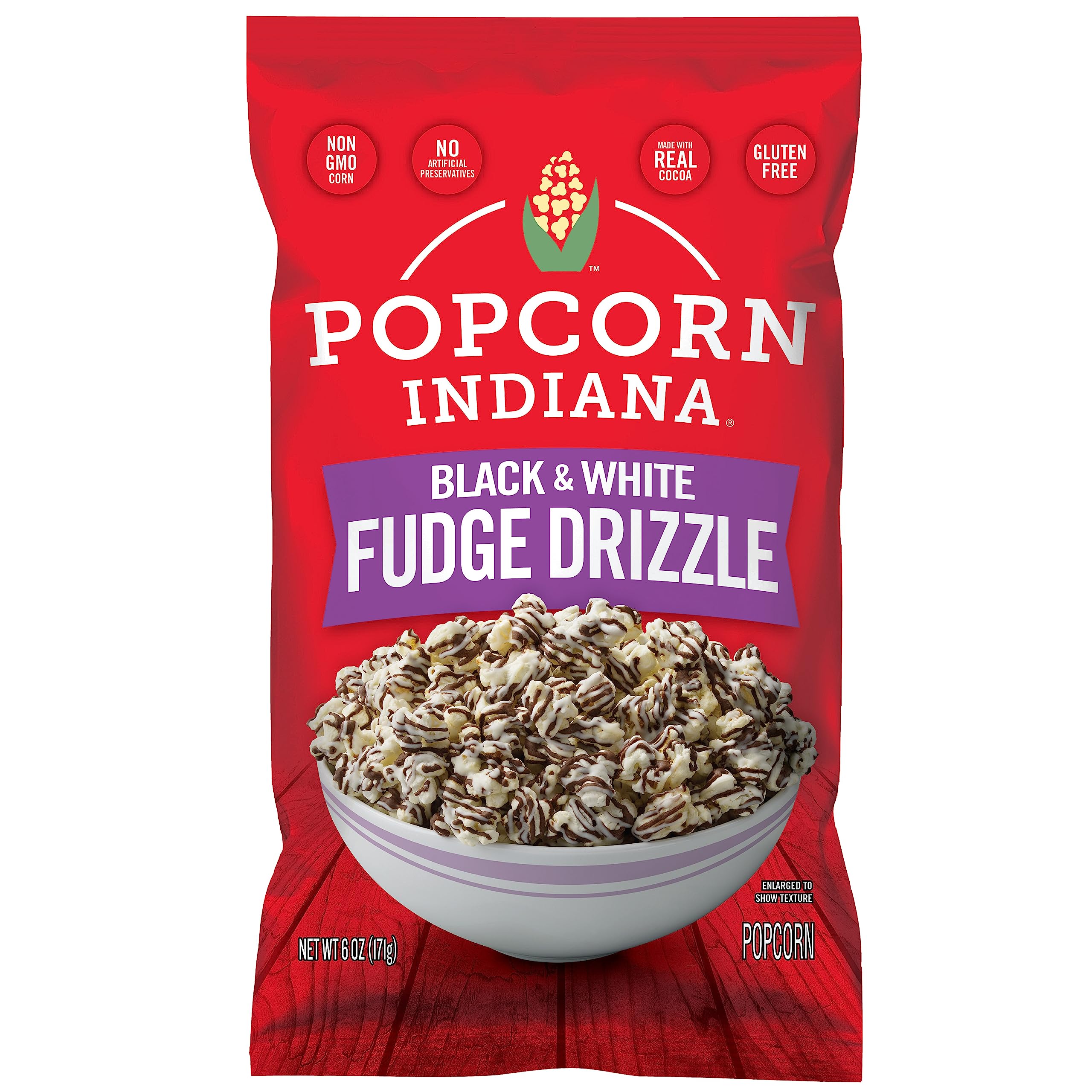 Popcorn Indiana black white drizzle bag, chocolate drizzle showcases a movie-night treat.