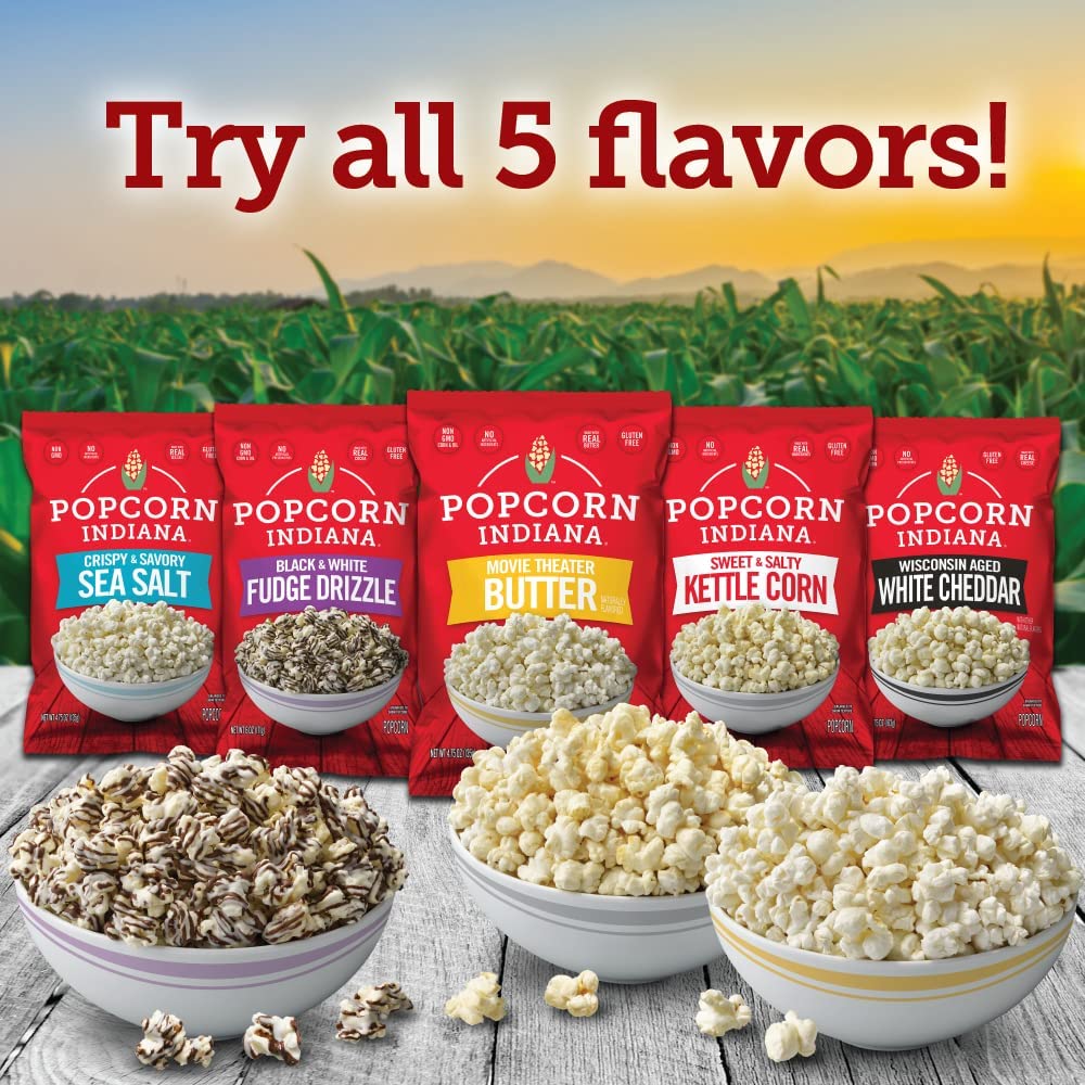 Opened bag releasing savory aroma, Popcorn Indiana Movie Theater Butter.