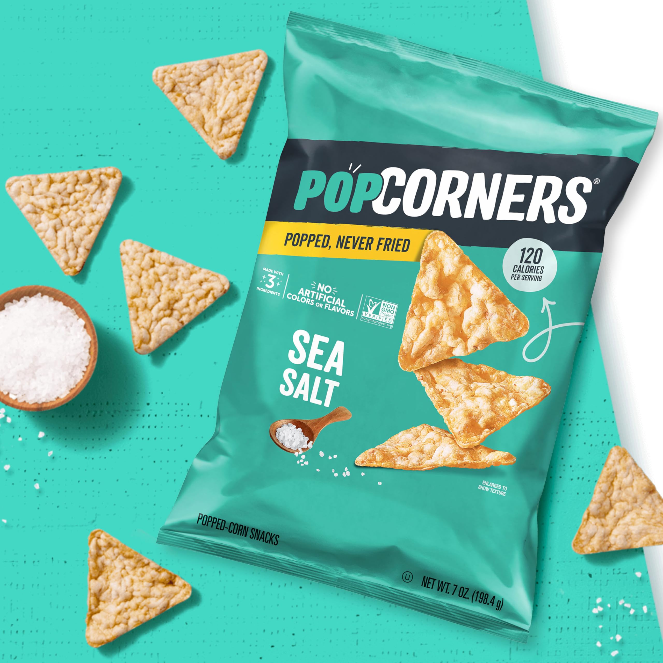 Non-GMO Project Verified PopCorners badge on Sea Salt packaging.