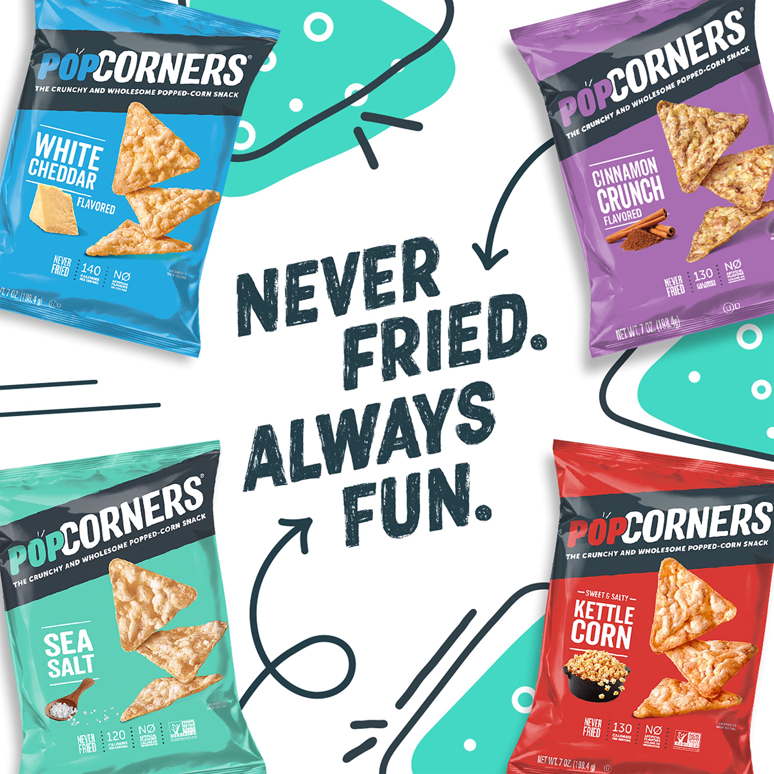 Stack of PopCorners Sea Salt chips highlighting gluten-free and non-GMO attributes.