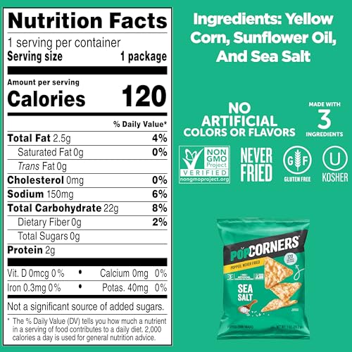 Close-up of PopCorners Sea Salt snack, highlighting simple three-ingredient formula.