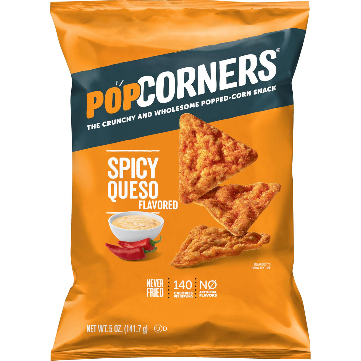 PopCorners Spicy Queso bag open showing bold flavor for on-the-go snacking.