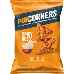PopCorners Spicy Queso bag open showing bold flavor for on-the-go snacking.