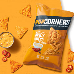 Stacked PopCorners Spicy Queso chips with pepper specks for tex-mex flavor.