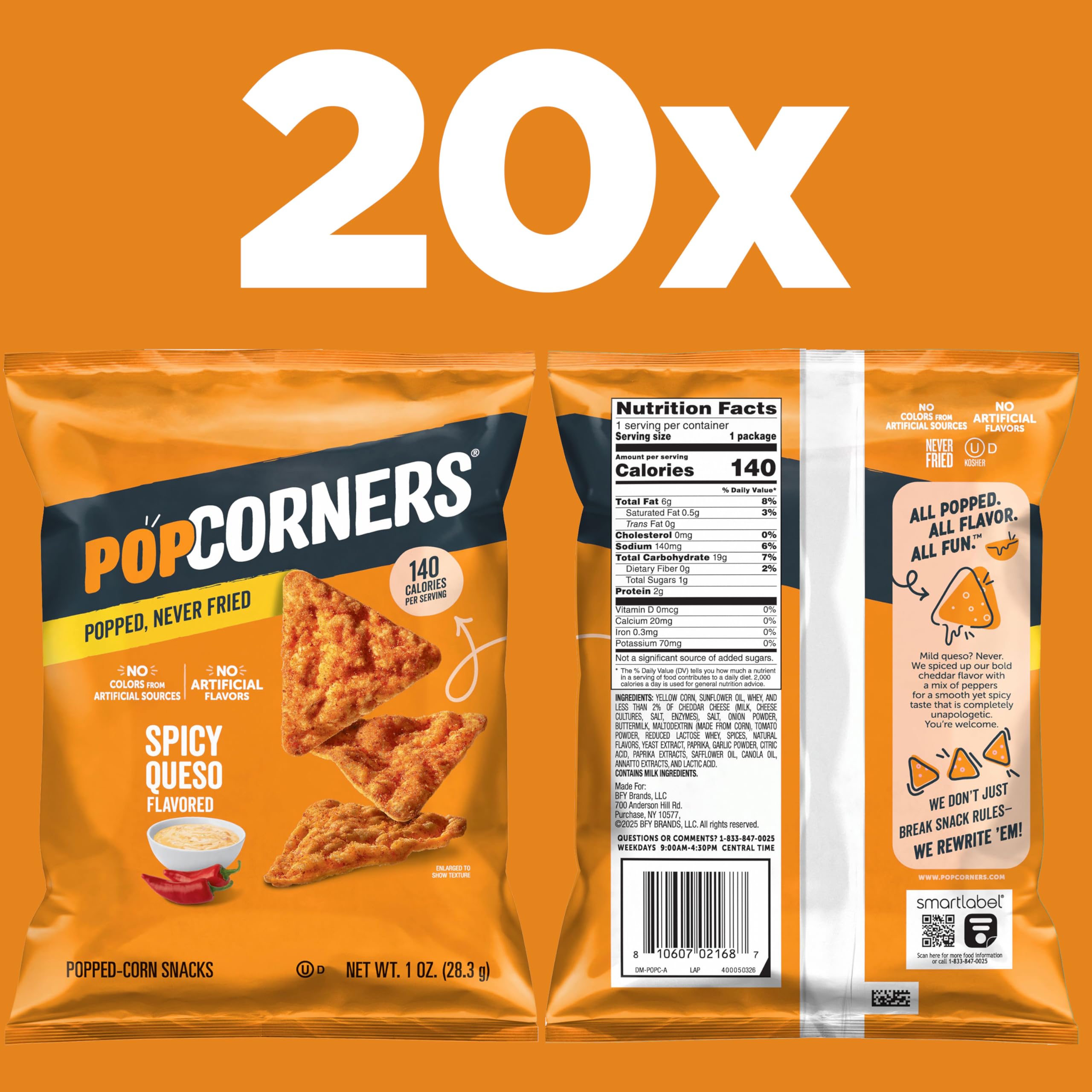 PopCorners Spicy Queso chips showcase bold pepper and cheddar crunch.