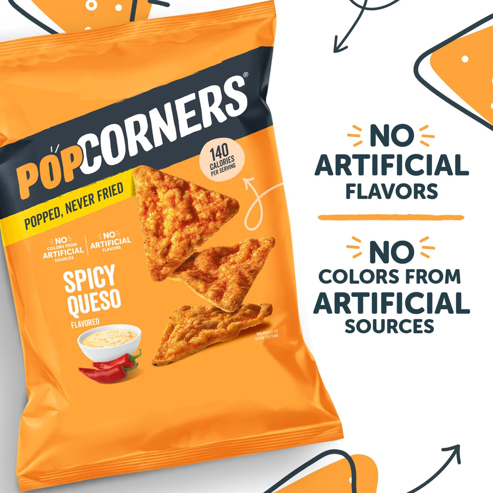 PopCorners Spicy Queso nutrition panel with calories per serving.