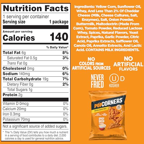PopCorners Spicy Queso packaging highlights bold Tex-Mex flavor.