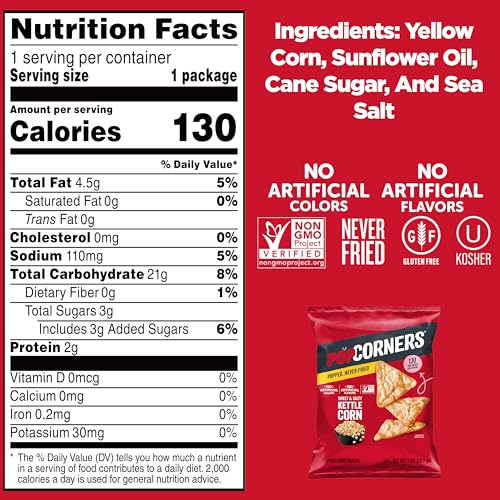 PopCorners kettle corn closeup reveals light, airy popped kernels and flavor.