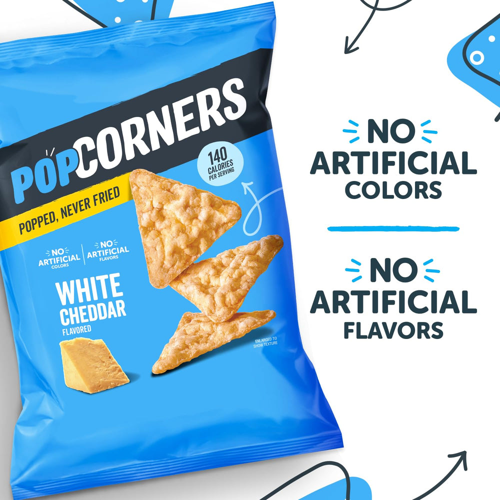 Assorted PopCorners White Cheddar packaging on a kitchen counter
