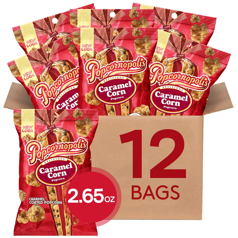 Popcornopolis caramel corn 12-pack bags for easy, shareable snacking.