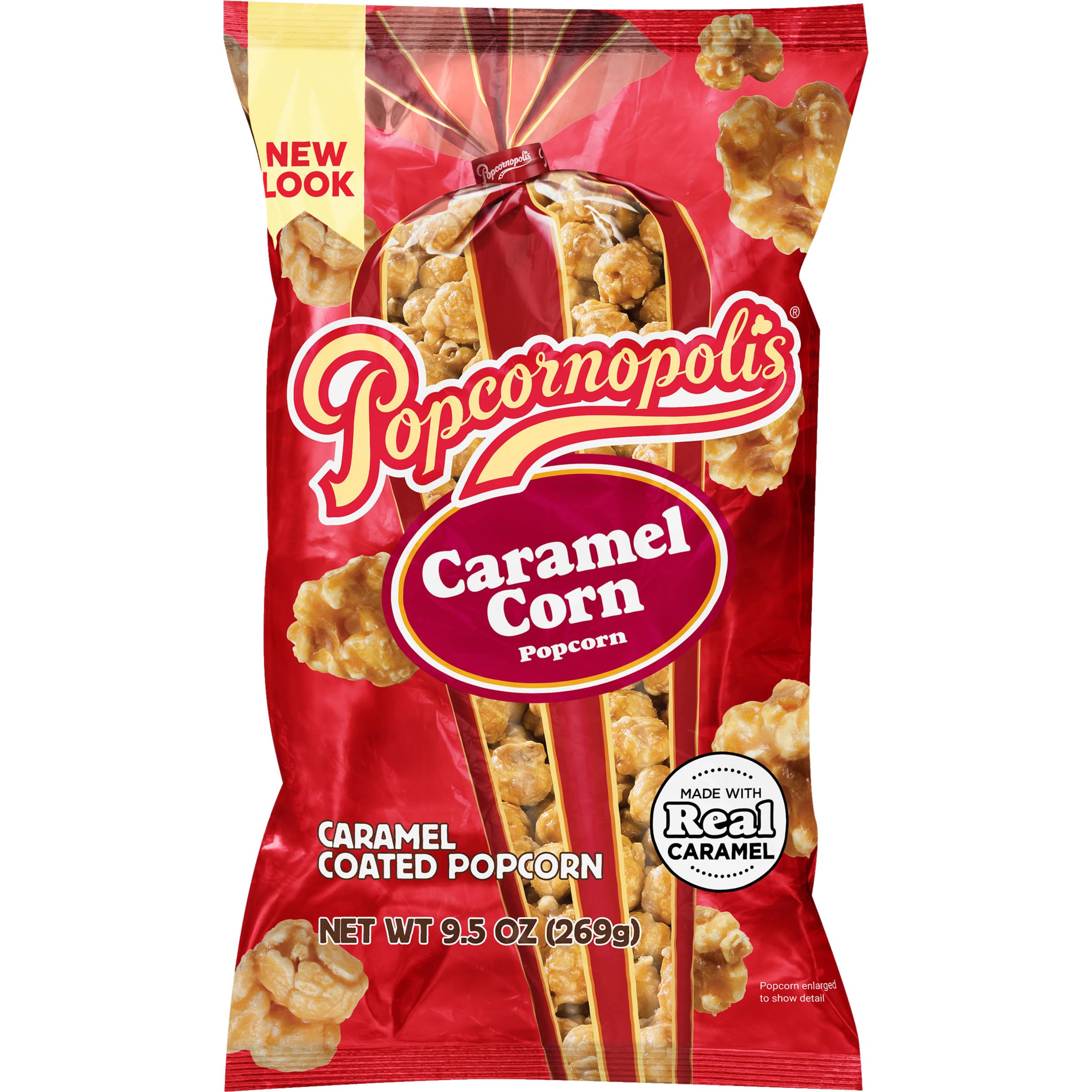 Popcornopolis Caramel Popcorn in a bag for easy on-the-go snacking.
