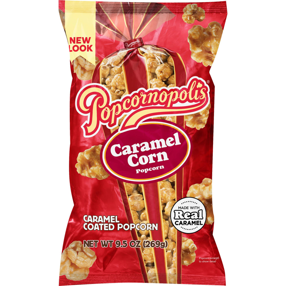 Popcornopolis Caramel Popcorn in a bag for easy on-the-go snacking.