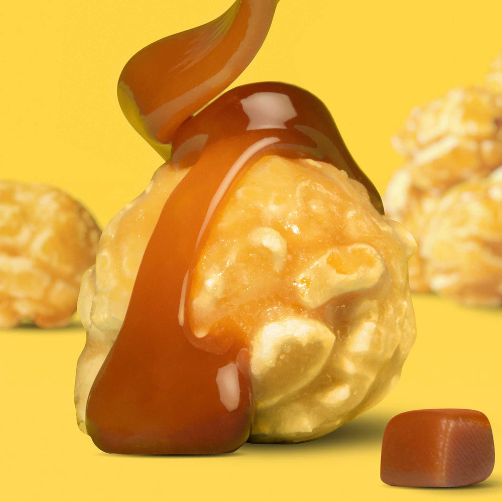 Gift-ready Popcornopolis Caramel Popcorn packaging hints at a tasty gift.