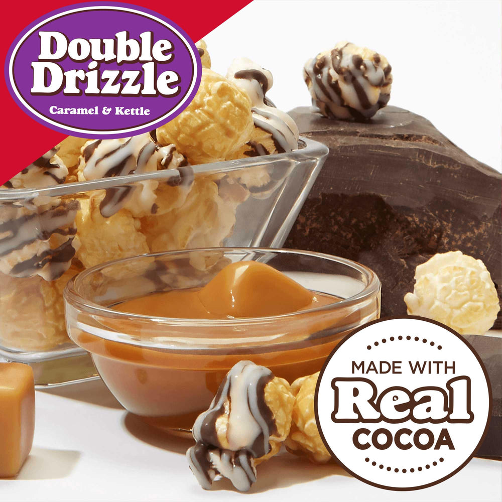 Popcornopolis dark and white chocolate stripes over caramel, a crave-worthy treat.