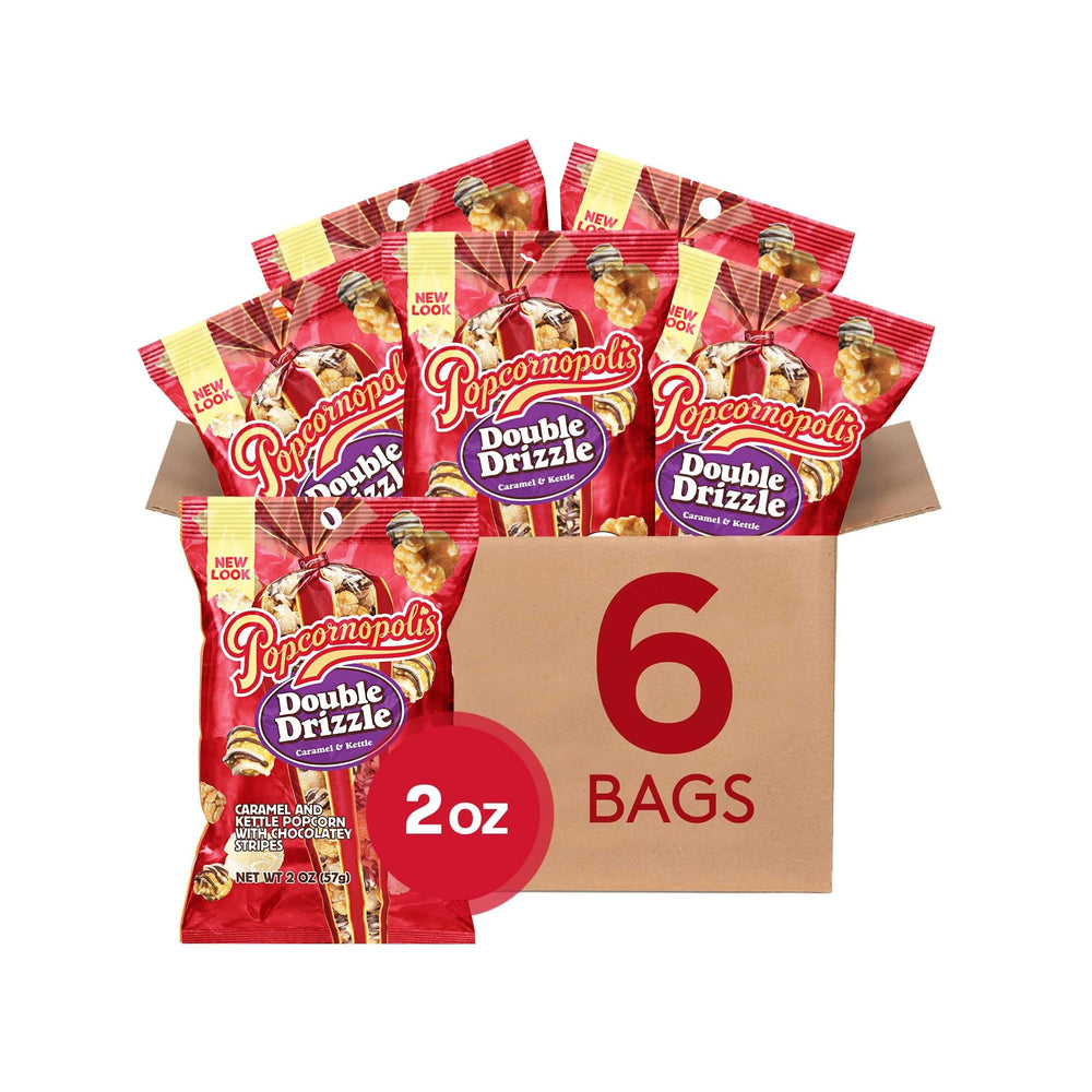 Popcornopolis Double Drizzle 6-pack bags ready for on-the-go snacking.