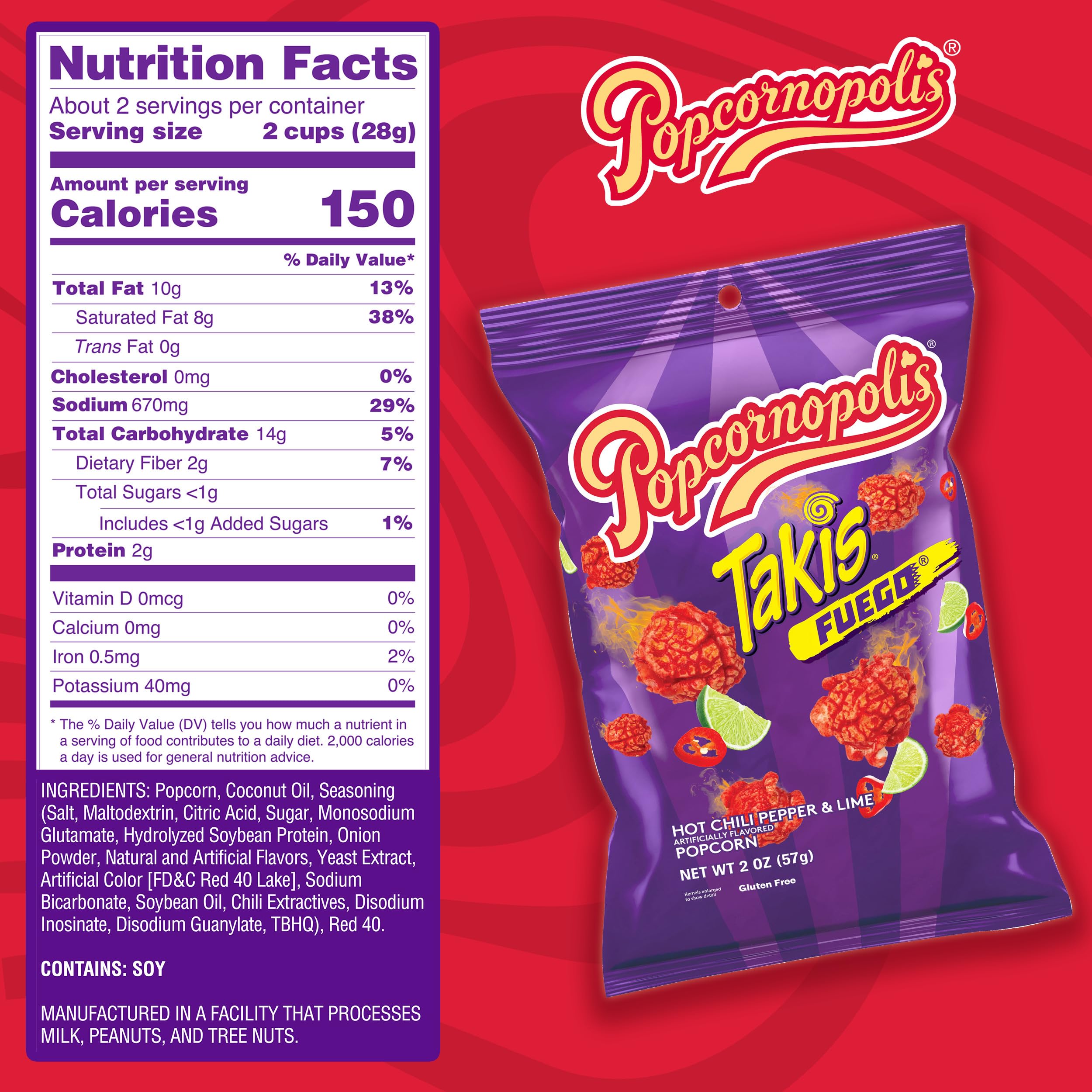 Popcornopolis Fuego Takis bag back highlights gluten-free claim and serving details