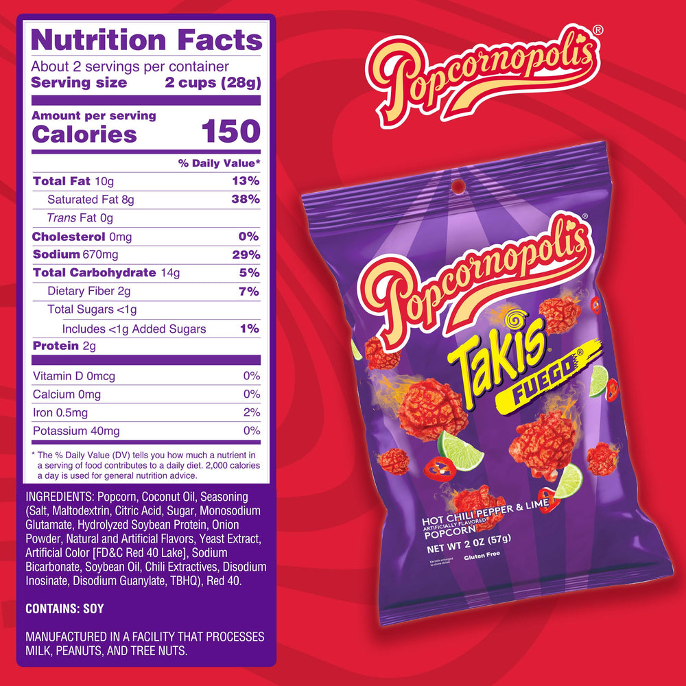 Popcornopolis Fuego Takis bag back highlights gluten-free claim and serving details
