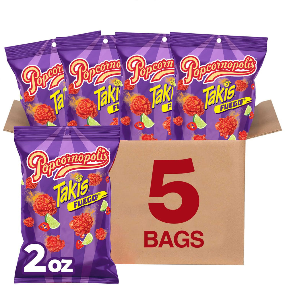 Popcornopolis Fuego Takis bag front shows bold chili lime flavor for bold snacking