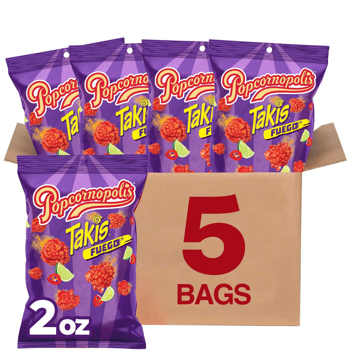 Popcornopolis Fuego Takis bag front shows bold chili lime flavor for bold snacking