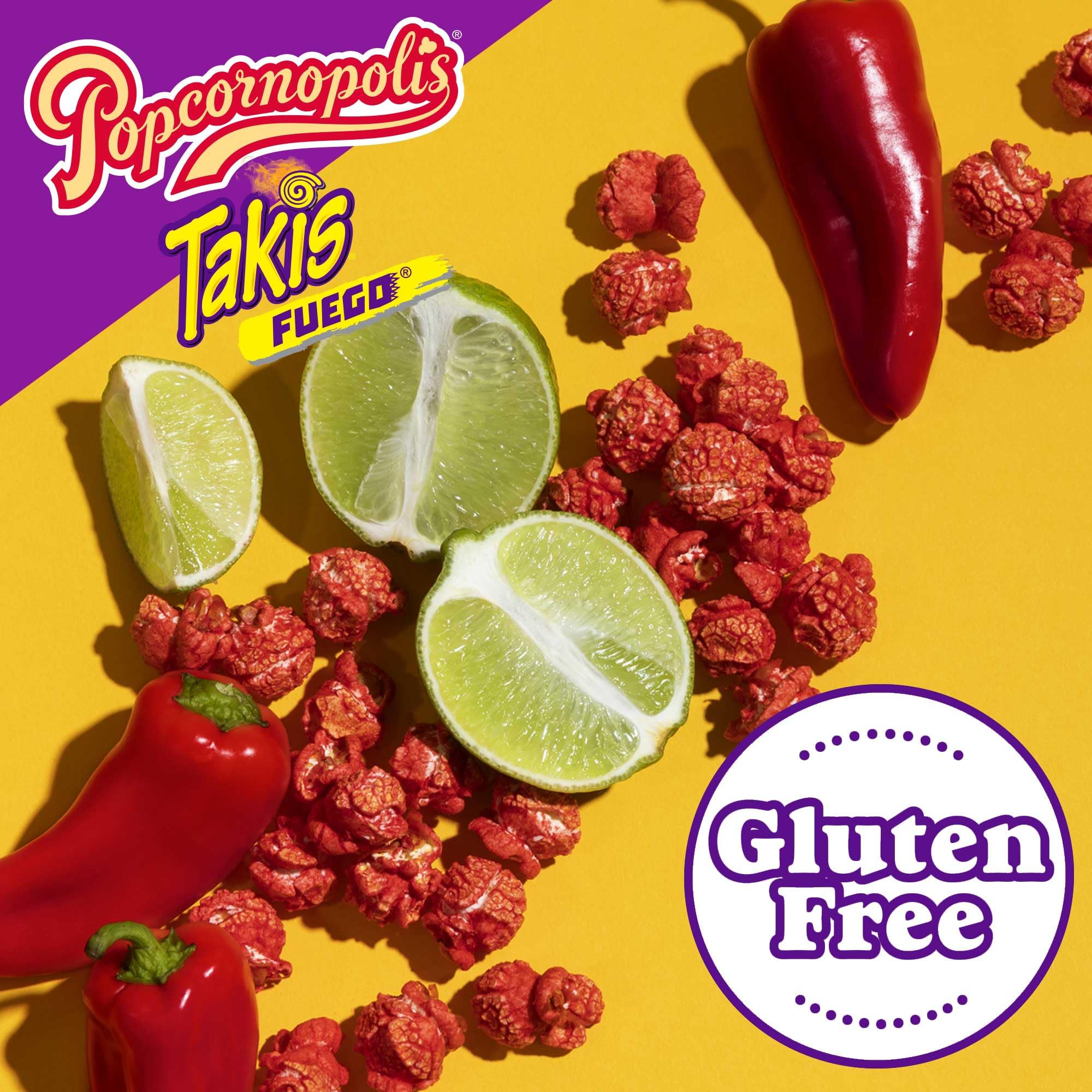 Popcornopolis Fuego Takis case pack shows 5-count 2 oz bags for easy sharing