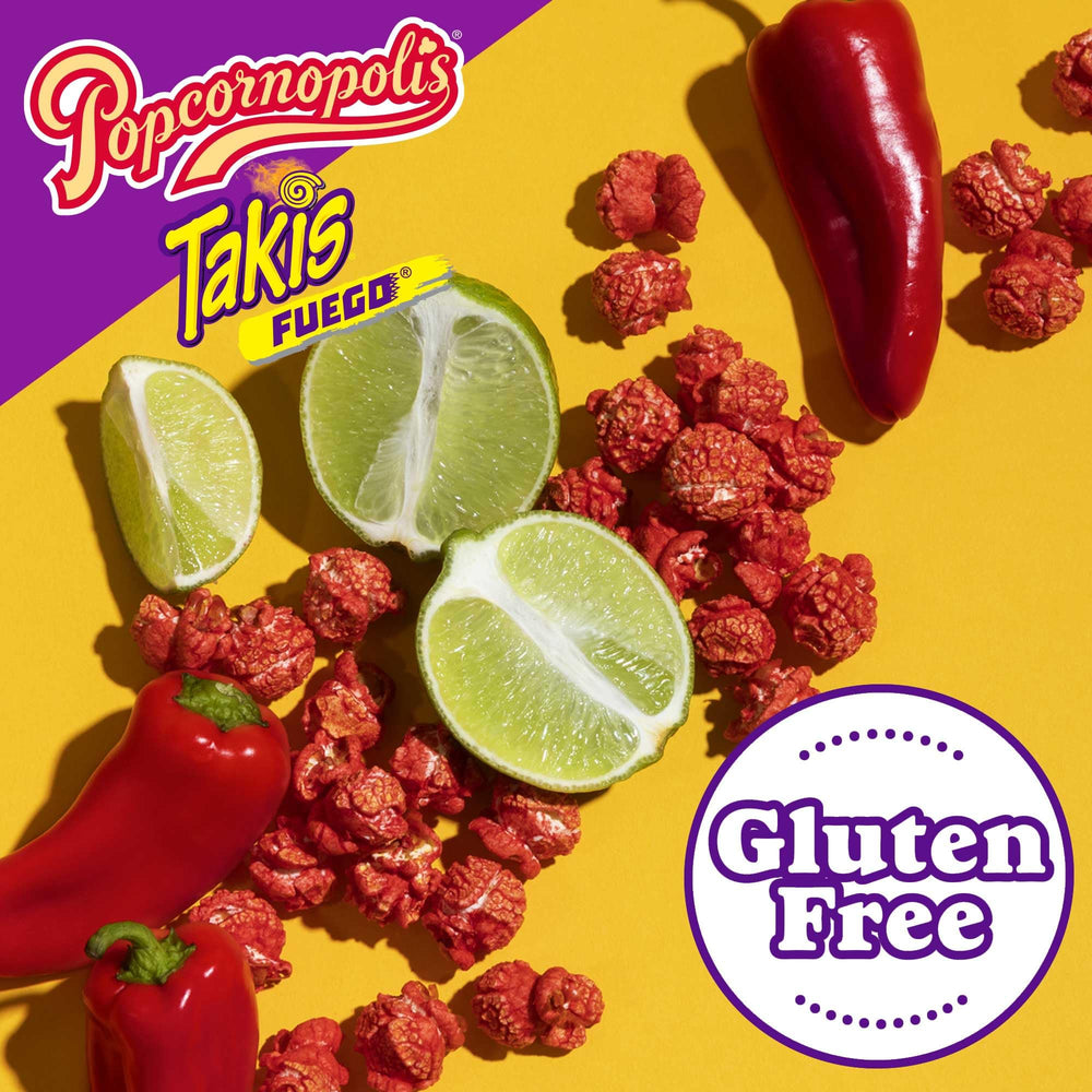 Popcornopolis Fuego Takis case pack shows 5-count 2 oz bags for easy sharing