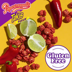 Popcornopolis Fuego Takis case pack shows 5-count 2 oz bags for easy sharing